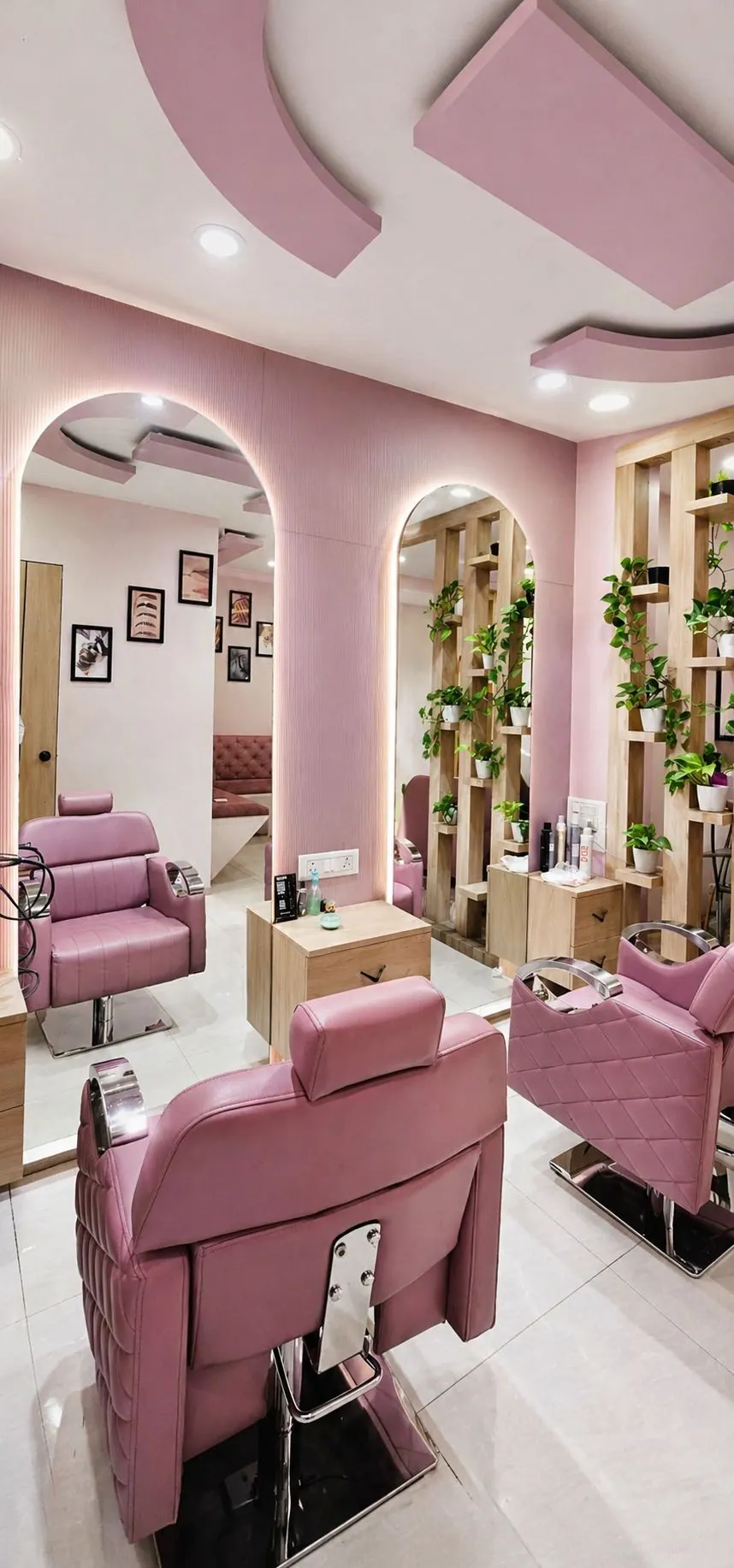 Women's hair styling area with pink accent